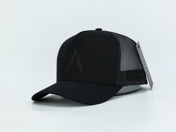 A black trucker-style baseball cap with a tonal black TODAE Icon A logo on the front panel and a black mesh back, shown on a clean white background with a hangtag attached.