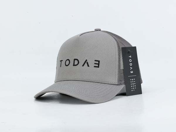 A light gray trucker cap with black mesh back panels and a black hangtag, featuring the brand name 'TODAE' printed on the front.